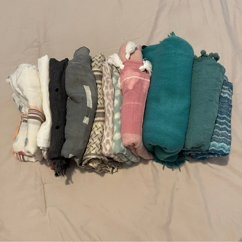 Scarf Bundle Lot – 12 Lightweight Scarves | Neutral, Teal & Patterned